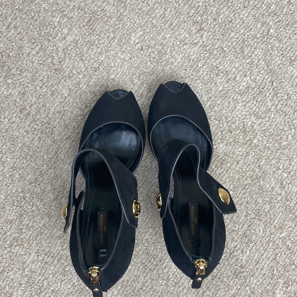 Louis Vuitton Nubuck Gold Button D’Orsay Platform Peeptoe Block Heel Sandal 41 - Picture 7 of 13